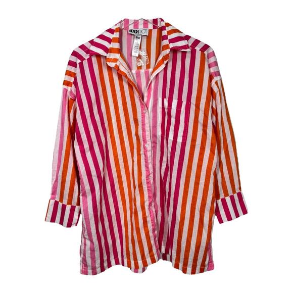 Beach Riot Alexa Striped Cover Up Top S/M Pink Orange Button Down Tunic Cotton - Picture 2 of 5